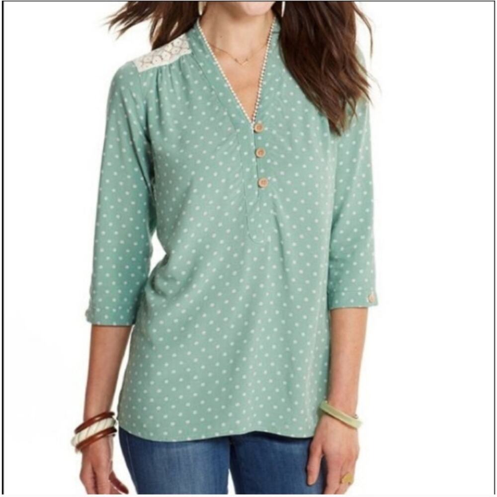 Matilda Jane Womens Enticing Eyelet Top Size XL Green Polka Dot Lace Peasant